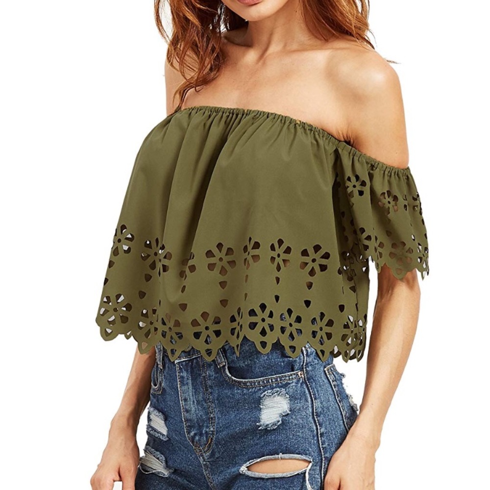 🌵Olive Off Shoulder Mini Crop Ruffle Top,XS-L